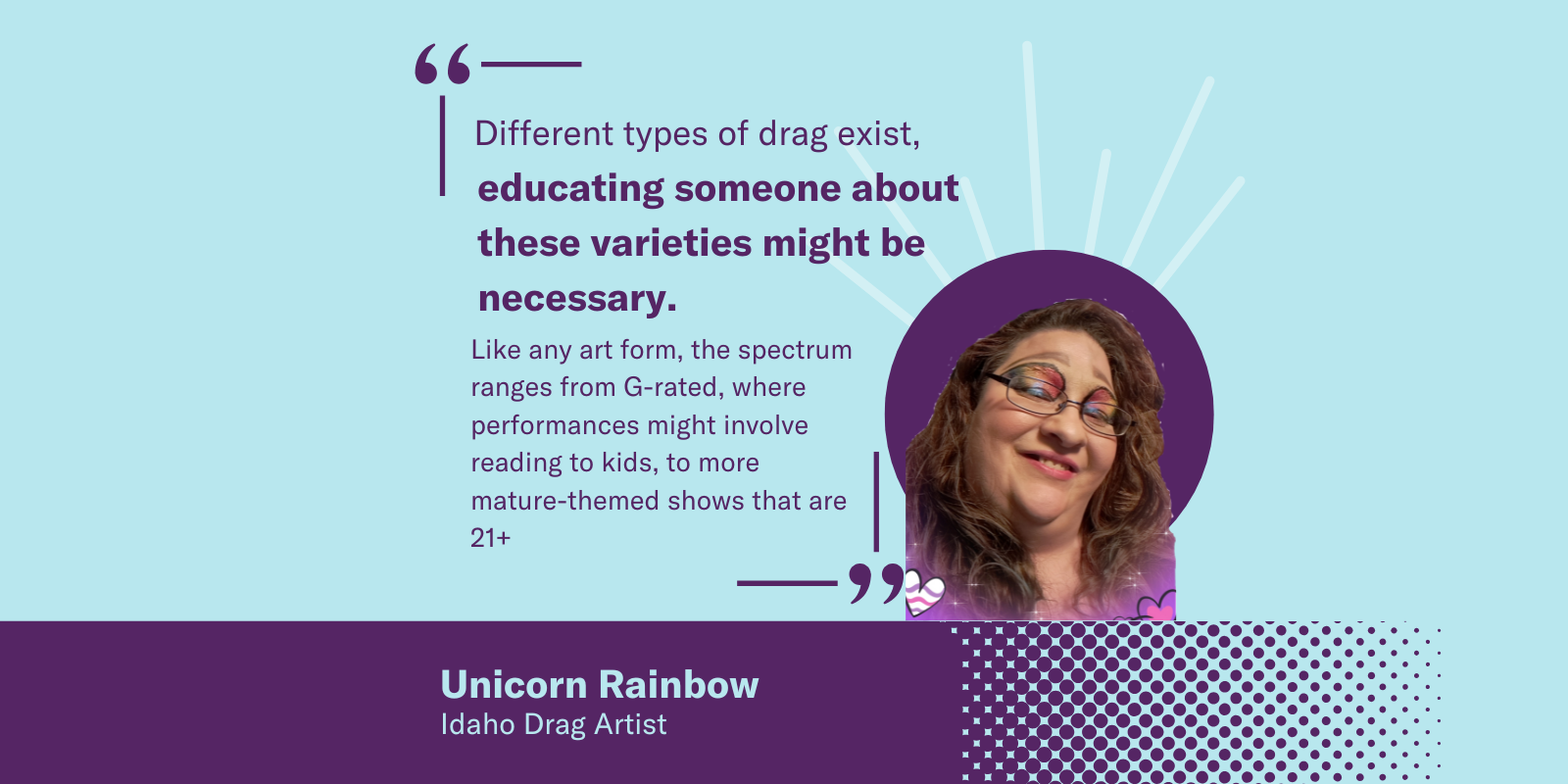 A graphic with Unicorn Rainbow, an Idaho drag artist. Quote: “Different types of drag exist; educating someone about these varieties might be necessary. The spectrum ranges from G-rated readings for kids to mature shows for 21+ audiences.”