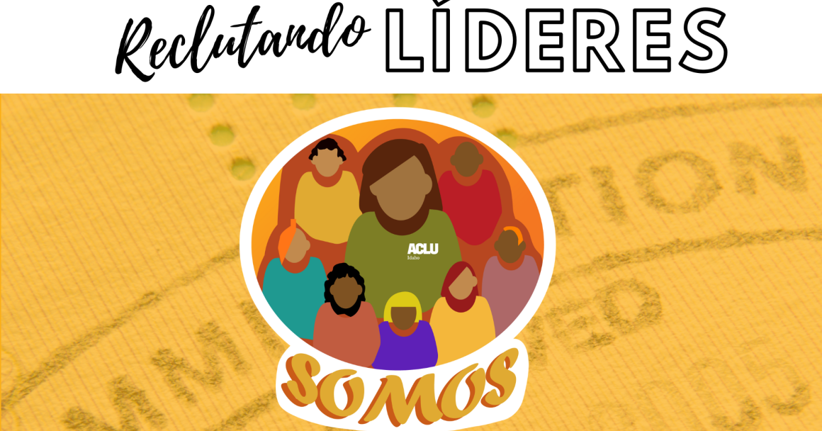 Graphic with yellow and white shapes and text that reads Reclutando Lideres: SOMOS