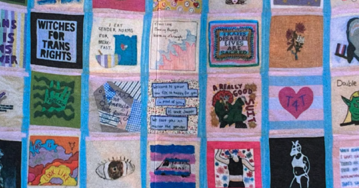 An example of a cloth panel decorated with different smaller squares. At the top it reads" Norfolk Trans Joy Community Quilt"