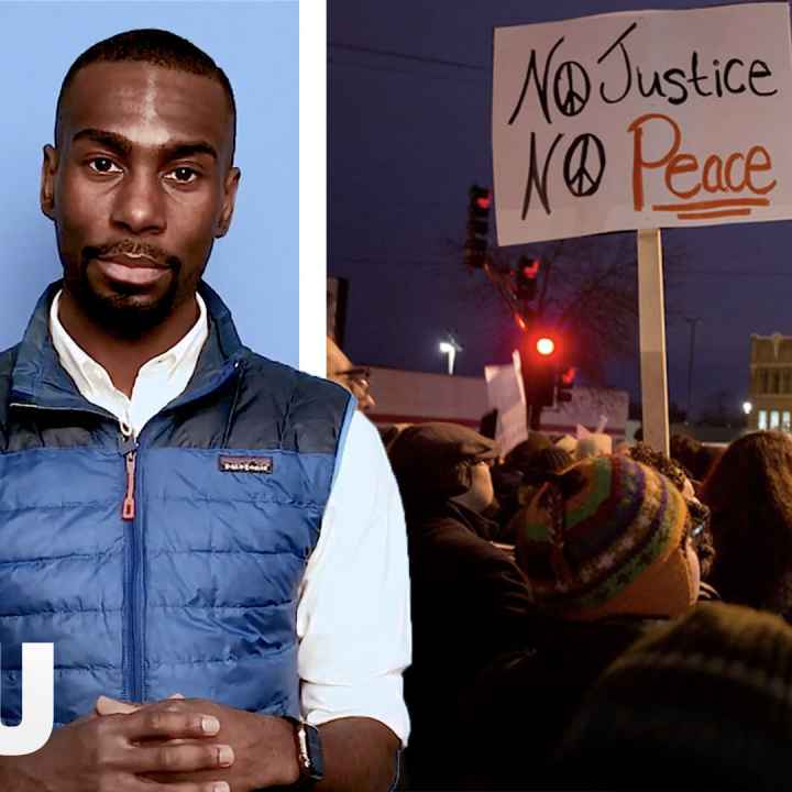 DeRay Mckesson, an adult black man, looks seriously at the camera next to a photo of a protest in which a sign with No Justice No Peace is prominently displayed.